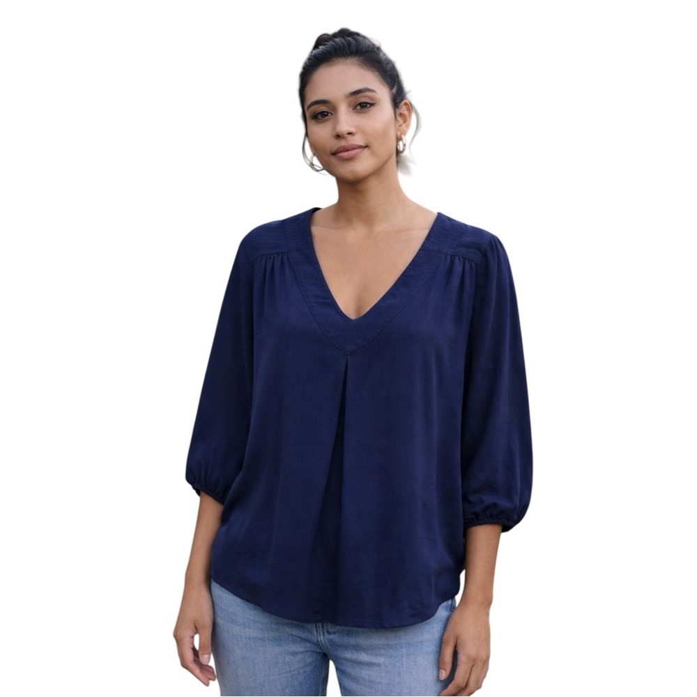 Babaton Aritzia Blouse Women S Navy V-Neck 3/4 Sleeve Relaxed Fit Timeless Chic